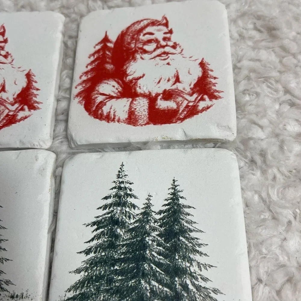 Set of four Red Santa and Ever green tree Stone coasters